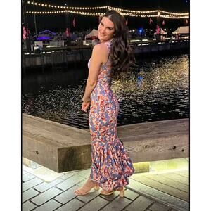 CAROLINE CONSTAS Blue Floral Mock Neck Sleeveless Trumpet Brigitta Gown Size M